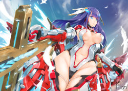 Rule 34 | 1girl, absurdres, armor, blue eyes, blunt bangs, bodysuit, breasts, breasts apart, colored eyelashes, cowboy shot, day, fate/grand order, fate (series), faulds, foreshortening, from below, from side, gauntlets, gloves, glowing, gorget, headgear, highres, large breasts, leotard, long hair, martha (aerial drive) (fate), martha (fate), mecha musume, navel, neon trim, open mouth, outdoors, purple hair, revealing clothes, signature, sky, solo, standing, surprised, thigh strap, thighhighs, thighs, yilan un