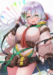 Rule 34 | 1girl, :d, arm at side, arrow (projectile), belt, belt pouch, between breasts, black skirt, black sweater, blush, breasts, cowboy shot, cupitan (granblue fantasy), granblue fantasy, green eyes, green ribbon, grey hair, hair between eyes, hair ornament, hand up, holding, iro 178, jacket, large breasts, leaf hair ornament, long hair, long sleeves, microskirt, neckerchief, open clothes, open jacket, open mouth, pleated skirt, popped collar, pouch, puffy long sleeves, puffy sleeves, rainbow order, red neckerchief, ribbed sweater, ribbon, skirt, sleeves past wrists, smile, solo, sweater, twintails, undershirt, very long hair, white background, white jacket, yellow ribbon