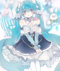 Rule 34 | 1girl, absurdres, animal, bare shoulders, beamed eighth notes, blue bow, blue eyes, blue hair, blue skirt, blue sleeves, blush, bow, breasts, cleavage, commentary request, crown, detached sleeves, eighth note, flower, frilled skirt, frills, hair between eyes, hatsune miku, heremia, highres, layered sleeves, long hair, long sleeves, medium breasts, mini crown, musical note, own hands together, pantyhose, parted lips, puffy short sleeves, puffy sleeves, rabbit, short over long sleeves, short sleeves, skirt, striped, striped sleeves, teeth, twintails, underbust, upper teeth only, v arms, very long hair, vocaloid, white flower, white pantyhose, white sleeves, yuki miku, yukine (vocaloid)
