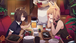Rule 34 | 1boy, 2girls, animal ears, blonde hair, booth seating, brown hair, cellphone, clipboard, commentary request, elbows on table, empty plate, closed eyes, food, fork, fox ears, fox girl (mikoto akemi), full mouth, holding, holding fork, indoors, knife, long hair, medium hair, mikoto akemi, multiple girls, original, phone, plate, plate stack, raccoon ears, raccoon girl (mikoto akemi), restaurant, sitting, sweatdrop, table, w, watch, wide-eyed, wristwatch