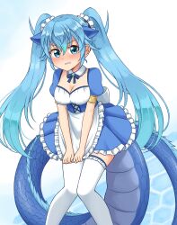 Rule 34 | 1girl, absurdres, alternate costume, animal ears, apron, blue bow, blue bowtie, blue dress, blue eyes, blue hair, blush, bow, bowtie, breasts, cleavage, detached collar, dragon ears, dragon girl, dragon tail, dress, dress tug, enmaided, frilled apron, frilled dress, frilled thighhighs, frills, highres, kemono friends, long hair, looking at viewer, maid, maid apron, maid headdress, medium breasts, puffy short sleeves, puffy sleeves, seiryuu (kemono friends), shiraha maru, short dress, short sleeves, tail, thighhighs, twintails, underbust, very long hair, white thighhighs, zettai ryouiki