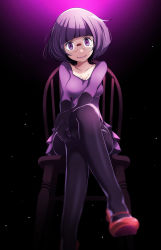 Rule 34 | 1girl, breasts, chair, cleavage, closed mouth, collarbone, commentary, creatures (company), crossed legs, eyelashes, from below, game freak, glasses, gloves, highres, looking at viewer, nintendo, on chair, pantyhose, pokemon, pokemon bw, purple eyes, purple gloves, purple hair, purple pantyhose, red footwear, round eyewear, shauntal (pokemon), shoes, short hair, sitting, smile, solo, tsukishiro saika