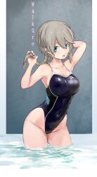 Rule 34 | 1girl, absurdres, black one-piece swimsuit, blue eyes, braid, breasts, cerauniae, character request, collarbone, commentary request, competition swimsuit, copyright request, german text, grey hair, highleg, highleg swimsuit, highres, holding, holding hair, large breasts, long hair, looking at viewer, looking to the side, multicolored clothes, multicolored swimsuit, one-piece swimsuit, open mouth, single braid, solo, swimsuit, wading, water, wet