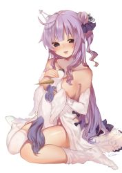 Rule 34 | 1girl, armpit peek, azur lane, bare shoulders, between breasts, between legs, black bow, black ribbon, blush, bow, breasts, collarbone, commentary request, detached sleeves, dress, full body, hair bun, hair ornament, hair ribbon, hands up, head tilt, highres, karinto yamada, long hair, long sleeves, looking at viewer, medium breasts, no shoes, one side up, parted lips, purple eyes, purple hair, ribbon, side bun, simple background, single hair bun, single side bun, sitting, smile, solo, strapless, strapless dress, stuffed animal, stuffed pegasus, stuffed toy, stuffed winged unicorn, thighhighs, thighhighs pull, unicorn (azur lane), very long hair, white background, white dress, white thighhighs