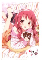Rule 34 | 1girl, :d, absurdres, barefoot, blush, border, bow, card, cardigan, collarbone, gochuumon wa usagi desu ka?, hair bow, hairband, head rest, highres, holding, holding card, koi (koisan), leg up, long hair, looking at viewer, lying, natsu megumi, off shoulder, on stomach, open mouth, pillow, pov, print bow, red eyes, red hair, smile, soles, solo, the pose, tippy (gochiusa), white border, white hairband