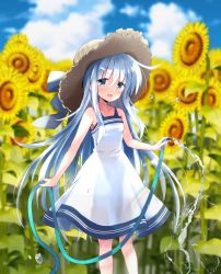 Rule 34 | 1girl, absurdres, blue eyes, blurry, blurry background, blush, brown hat, cloud, day, dress, flower, hat, hibiki (kancolle), highres, hizuki yayoi, holding, holding hose, hose, kantai collection, long hair, open mouth, outdoors, rainbow, silver hair, sky, solo, sun hat, sunflower, water, white dress, yellow flower