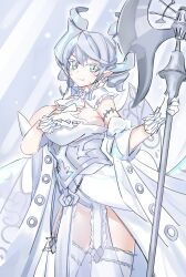 Rule 34 | 1girl, breasts, cleavage, demon girl, demon horns, demon wings, dress, duel monster, gloves, grey eyes, highres, horns, large breasts, leotard, leotard under clothes, looking at viewer, lovely labrynth of the silver castle, low wings, multiple wings, nernnernneru, pointy ears, smile, solo, transparent wings, white gloves, white hair, white horns, wings, yu-gi-oh!