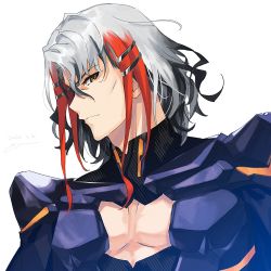 Rule 34 | 1boy, armor, black armor, black cape, body armor, cape, cleavage cutout, closed mouth, clothing cutout, cropped torso, fate/grand order, fate (series), from side, goya (xalbino), looking at viewer, male focus, multicolored hair, odysseus (fate), pectoral cleavage, pectorals, red hair, signature, solo, streaked hair, toned, toned male, two-tone hair, upper body, white background, white hair, yellow eyes