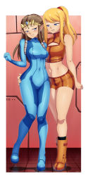 Rule 34 | 2girls, absurdres, arm around waist, blonde hair, blue eyes, bodysuit, boots, breasts, brown hair, cosplay, covered navel, earrings, hand on another&#039;s ass, hand on own ass, high ponytail, highres, jewelry, metroid, metroid: zero mission, midriff, multiple girls, navel, nintendo, parted lips, pointy ears, ponytail, princess zelda, samus aran, samus aran (cosplay), short shorts, shorts, skin tight, smile, super smash bros., the legend of zelda, the legend of zelda: twilight princess, tiara, zero suit, zeshgolden