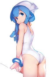 Rule 34 | 1girl, absurdres, arm support, ass, ataruman, bad link, bent over, blue eyes, blue hair, bracelet, closed mouth, expressionless, from side, hat, highres, ikamusume, jewelry, long hair, looking at viewer, one-piece swimsuit, shinryaku! ikamusume, simple background, solo, swimsuit, third-party source, white background, white hat, white one-piece swimsuit