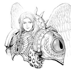 Rule 34 | 1boy, angel, angel wings, armor, breastplate, closed mouth, commentary, english commentary, greyscale, highres, laurel crown, long hair, looking at viewer, male focus, monochrome, pauldrons, primarch, sanguinius, shoulder armor, simple background, smile, solo, upper body, warhammer 40k, white background, wings, y naf