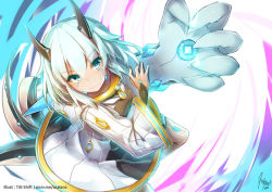 Rule 34 | 10s, 1girl, 2014, artist name, blue eyes, dated, ellen (pale blue), from above, horns, looking up, monster girl, multiple tails, pale blue, signature, tail, tilt-shift (azalanz), watermark, web address, white hair, wide sleeves