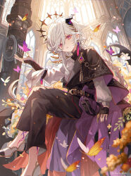 Rule 34 | 1boy, androgynous, belt, black belt, black cape, black pants, braid, bridal gauntlets, bug, butterfly, cape, crossed legs, demon horns, earrings, highres, horns, insect, jewelry, long hair, long sleeves, looking at viewer, male focus, namiki itsuki, orange butterfly, original, pants, parted lips, pink eyes, purple butterfly, shirt, single earring, solo, tassel, tassel earrings, teeth, white hair, white shirt, window