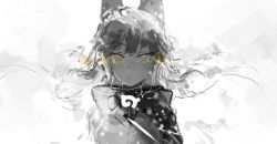 Rule 34 | 1girl, animal ears, backlighting, blurry, blush, custom (cus-tom), depth of field, floating hair, fox ears, greyscale, japari symbol, kemono friends, long hair, looking at viewer, monochrome, nose blush, parted lips, silver fox (kemono friends), sketch, snowing, solo, spot color, straight-on, tsurime, upper body, white background, wind