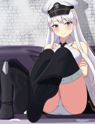 Rule 34 | 1girl, azur lane, boots, breasts, collared shirt, commission, crossed arms, enterprise (azur lane), feet, foot focus, hat, highres, large breasts, lemon kele, long hair, looking at viewer, necktie, no shoes, peaked cap, pixiv commission, purple eyes, shirt, silver hair, sleeveless, smile, solo, thighhighs, unworn boots, very long hair, white shirt