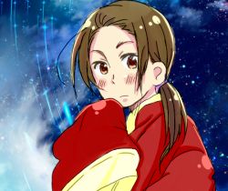 Rule 34 | 1boy, axis powers hetalia, bad id, bad pixiv id, blush, brown eyes, brown hair, china (hetalia), chinese clothes, long sleeves, lowres, male focus, outdoors, ponytail, sky, solo