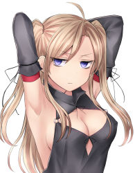 Rule 34 | 1girl, armpits, arms up, blonde hair, breasts, cleavage cutout, clothing cutout, collar, elbow gloves, gloves, hair between eyes, highres, long hair, neit ni sei, no bra, original, purple eyes, sideboob, solo, two side up