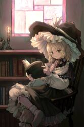 1girl ankle_socks black_capelet black_hat black_skirt black_vest blonde_hair bloomers book bookshelf candlestand capelet closed_mouth crossed_legs frilled_sleeves frills happy hat highres indoors jewelry kirisame_marisa reading ring sasami_(shiroi_fuwafuwa) shirt short_hair sitting skirt smile socks soles solo touhou underwear vest white_bloomers white_shirt white_socks window witch witch_hat wooden_chair yellow_eyes