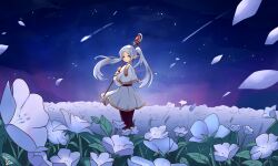 Rule 34 | 1girl, black pantyhose, blue flower, capelet, commentary, cruvie, drop earrings, earrings, elf, falling petals, field, floating clothes, floating hair, flower, flower field, frieren, from side, green eyes, grey hair, highres, holding, holding staff, jewelry, long hair, looking at viewer, mage staff, night, night sky, outdoors, pantyhose, parted bangs, petals, pointy ears, shooting star, short eyebrows, signature, skirt, sky, solo, sousou no frieren, staff, standing, thick eyebrows, twintails, white capelet, white skirt, wide shot