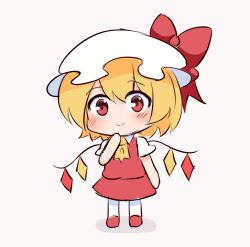 Rule 34 | 1girl, ascot, blonde hair, blush, bow, chibi, closed mouth, collared shirt, commentary, crystal, dress, english commentary, ferdy&#039;s lab, flandre scarlet, full body, hair between eyes, hand on own face, hand up, hat, hat bow, jewelry, looking at viewer, mob cap, pantyhose, puffy short sleeves, puffy sleeves, red bow, red dress, red eyes, red footwear, shadow, shirt, shoes, short hair, short sleeves, simple background, smile, solo, standing, touhou, white background, white hat, white pantyhose, white shirt, wings, yellow ascot