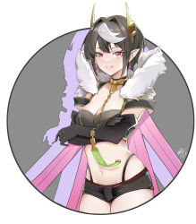 Rule 34 | 1girl, absurdres, ariel (kumo desu ga nani ka?), black bra, black gloves, black hair, black shorts, bra, breasts, cape, chinese commentary, cleavage, commentary request, cowboy shot, crossed arms, dated, earrings, elbow gloves, fur-trimmed cape, fur trim, gloves, grin, highres, horns, jewelry, kumo desu ga nani ka?, liuleiwowotou, looking at viewer, medium breasts, multicolored hair, navel, pink eyes, pointy ears, short hair, short shorts, shorts, signature, smile, solo, standing, stomach, streaked hair, underwear, white hair