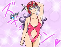 1girl arm_behind_head arm_up armpits artist_name blue_eyes breasts cleavage clothing_cutout dragon_quest dragon_quest_iii heart highres legs long_hair looking_at_viewer navel navel_cutout one-piece_swimsuit purple_hair sideboob smile solo source_request square_enix staff swimsuit thighs warrior_(dq3)