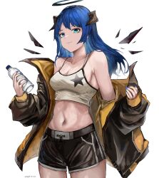 Rule 34 | 1girl, absurdres, arknights, bare shoulders, black jacket, black shorts, blue eyes, blue hair, blue nails, bottle, breasts, camisole, cleavage, commentary, cowboy shot, crop top, halo, highres, holding, holding bottle, horns, jacket, long hair, long sleeves, looking at viewer, medium breasts, midriff, mostima (arknights), nail polish, navel, off shoulder, official alternate costume, open clothes, open jacket, plum (sousshiroll), short shorts, shorts, simple background, smile, solo, spaghetti strap, standing, star (symbol), star print, stomach, water bottle, white background