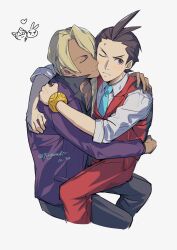 Rule 34 | 2boys, absurdres, ace attorney, antenna hair, apollo justice, aqua necktie, black pants, black shirt, blonde hair, blush, brown eyes, brown hair, closed eyes, closed mouth, cropped legs, dark-skinned male, dark skin, dated, drill hair, formal, hand on another&#039;s shoulder, heart, highres, hug, jacket, kaeru (qingwali), klavier gavin, lapel pin, lapels, long sleeves, male focus, medium hair, multiple boys, necktie, one eye closed, open collar, pants, popped collar, purple jacket, red pants, red suit, red vest, shirt, simple background, sitting, sitting on lap, sitting on person, sleeves rolled up, smile, suit, sweat, swept bangs, twitter username, vest, white background, white shirt, yaoi