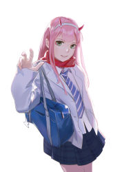 Rule 34 | 1girl, bag, black skirt, blazer, blue necktie, collared shirt, cowboy shot, darling in the franxx, dress shirt, green eyes, grin, hairband, highres, horns, jacket, long hair, long sleeves, looking at viewer, miniskirt, necktie, open clothes, open jacket, pink hair, plaid, plaid skirt, pleated skirt, red scarf, scarf, school bag, shirt, simple background, skirt, smile, solo, standing, straight hair, striped necktie, striped neckwear, umumu, white background, white hairband, white jacket, white shirt, wing collar, zero two (darling in the franxx)