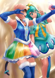 Rule 34 | 2girls, against wall, anigurum, aqua eyes, aqua hair, armpits, blue gloves, blue thighhighs, blush, bodysuit, breasts, brown hair, collar, costume, cure cosmo, cure milky, dress, elbow gloves, gloves, highres, idol, indoors, large breasts, long hair, mask, mask on head, multicolored clothes, multicolored dress, multicolored legwear, multicolored skirt, multiple girls, open mouth, pantyhose, precure, see-through, see-through sleeves, selfie, short hair, skirt, smile, star twinkle precure, tail, thighhighs, tutu, yellow eyes