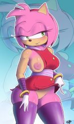 Rule 34 | 10s, 1girl, 2014, amy rose, animal ears, artist name, bare shoulders, blush, breast slip, cleft of venus, clothes lift, dress, dress lift, female focus, gloves, green eyes, inverted nipples, nipples, no panties, one breast out, pink hair, purple thighhighs, pussy, randomboobguy, signature, solo, sonic (series), sonic boom (series), sonic the hedgehog, tail, thick thighs, thighhighs, thighs, uncensored, zoom layer