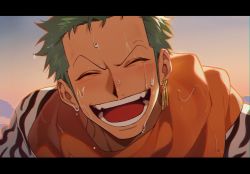 Rule 34 | 1boy, arabian clothes, blush, closed eyes, earrings, green hair, happy, highres, jewelry, one piece, open mouth, outdoors, qin (7833198), roronoa zoro, smile, solo, upper body, water drop, wet