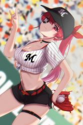 Rule 34 | 1girl, baseball, baseball cap, baseball glove, belt, belt buckle, black choker, black hat, black shorts, blush, bra, bra peek, breasts, buckle, chiba lotte marines, choker, cleavage, closed mouth, collarbone, crop top, dutch angle, eyepatch, fox shadow puppet, hair ribbon, hat, highres, hololive, houshou marine, large breasts, leaning forward, looking at viewer, navel, nippon professional baseball, one eye covered, ponytail, red bra, red eyes, red hair, red ribbon, ribbon, short shorts, shorts, skindentation, smile, solo, stomach, striped, thigh strap, underwear, vertical stripes, virtual youtuber