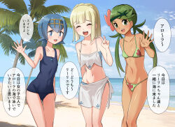 Rule 34 | 3girls, :d, beach, bikini, blonde hair, blue hair, breasts, cloud, collarbone, commentary request, creatures (company), day, flower, game freak, green hair, green headband, hair flower, hair ornament, hairband, hand up, headband, highres, lana (pokemon), lillie (pokemon), long hair, mallow (pokemon), medium breasts, multiple girls, navel, nintendo, open mouth, outdoors, palm tree, pink flower, pokeeti, pokemon, pokemon (anime), pokemon sm (anime), ponytail, sand, shore, short hair, sky, small breasts, smile, standing, swimsuit, teeth, tongue, translation request, tree, twintails, upper teeth only, v, water, yellow hairband