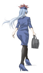 Rule 34 | 1girl, bag, belted, belted dress, blue hair, clasped dress, dress, elf (stroll in the woods), female focus, formal, hat, high heels, highres, hmx99 elf, kamishirasawa keine, long hair, pantyhose, pencil skirt, red eyes, shoes, skirt, skirt suit, solo, suit, tight dress, touhou