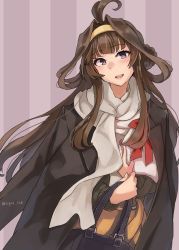 Rule 34 | 1girl, ahoge, alternate costume, bag, blush, brown hair, brown jacket, double bun, hair bun, hairband, highres, holding, holding bag, jacket, kantai collection, kongou (kancolle), long hair, long sleeves, open mouth, purple background, purple eyes, scarf, sidelocks, simple background, solo, striped, striped background, sugue tettou, twitter username, white scarf