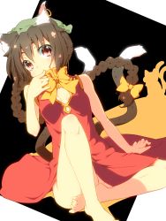 Rule 34 | 1girl, alternate hairstyle, animal ears, bad feet, barefoot, bottomless, bow, braid, brown hair, cat ears, cat girl, cat tail, chen, china dress, chinese clothes, dress, earrings, artistic error, female focus, haruyonoto, hat, highres, jewelry, long hair, looking at viewer, multiple tails, no panties, red eyes, single braid, single earring, sitting, solo, tail, touhou, twin braids
