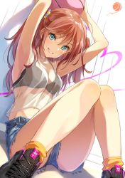 Rule 34 | 1girl, armpits, arms up, ball, basketball, basketball (object), black bra, black panties, blouse, bra, breasts, cleavage, denim, denim shorts, highres, knees together feet apart, looking at viewer, orange socks, original, panties, red hair, see-through, shirt, shoes, short shorts, shorts, sitting, sleeveless, sleeveless shirt, smile, sneakers, socks, solo, tank top, thighs, twintails, two side up, underwear, yellow socks, zattape