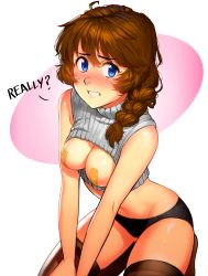 Rule 34 | 1girl, absurdres, bandaid, bandaids on nipples, black panties, blue eyes, blush, braid, breastless clothes, breasts, brooke (mleth), brown hair, cropped sweater, english text, freckles, highres, kneeling, meme attire, midriff, mleth, navel, nose blush, open-chest sweater, original, panties, pasties, ribbed sweater, side braid, sleeveless, small breasts, solo, sweater, thighhighs, turtleneck, turtleneck sweater, underwear