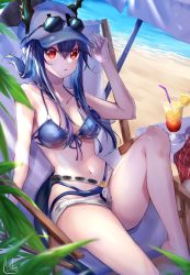 Rule 34 | 1girl, absurdres, arknights, bare arms, bare shoulders, baseball cap, beach, beach umbrella, belt, bikini, bikini under clothes, blue bikini, ch&#039;en (arknights), ch&#039;en the holungday (arknights), ch&#039;en the holungday (elite ii) (arknights), cocktail glass, collarbone, cup, deck chair, drinking glass, eyewear on headwear, feet out of frame, hand up, hat, highres, horns, horns through headwear, knee up, looking at viewer, medium hair, multi-strapped bikini, navel, official alternate hairstyle, outdoors, parted lips, plant, ramiya eru, reclining, red eyes, sand, short shorts, shorts, signature, solo, sunglasses, swimsuit, table, umbrella, water, white shorts
