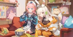 2girls animal_ears blue_eyes controller food highres jacket joystick kira_(trigger_of_fate_the_novita) multiple_girls nase_(trigger_of_fate_the_novita) open_clothes open_jacket orange_eyes pink_hair playing_games popcorn rabbit_ears sitting stuffed_animal stuffed_toy white_hair