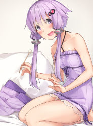 Rule 34 | 1girl, :d, bare arms, bare legs, bare shoulders, barefoot, bed sheet, blush, breasts, collarbone, commentary request, criss-cross halter, dress, hair between eyes, hair ornament, halterneck, highres, holding, kanzen bouon, long hair, looking at viewer, mimikaki, open mouth, pillow, purple dress, purple eyes, purple hair, purple thighhighs, seiza, sidelocks, sitting, small breasts, smile, solo, thighhighs, unworn thighhighs, voiceroid, yuzuki yukari