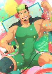 Rule 34 | 1boy, abs, armpits, bara, biceps, black hair, box, dark skin, facial hair, feet out of frame, flexing, gift, gift box, goatee, green eyes, green hair, happy birthday, heart, highres, ikusaba daisuke, jacket, jacket on shoulders, large pectorals, looking at viewer, male focus, microphone, multicolored hair, muscular, muscular male, open mouth, pectorals, short hair, sideburns, sidepec, simple background, singlet, sitting, skin tight, smile, socks over thighhighs, solo, stubble, taurus mask, teeth, thick arms, thick eyebrows, thick thighs, thighs, tight clothes, tokyo houkago summoners, tongue, wrestling outfit, zifu