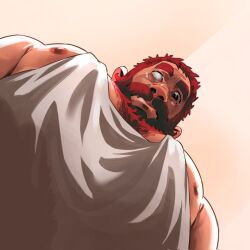 Rule 34 | 1boy, bara, beard, facial hair, foreshortening, from below, highres, huge eyebrows, large pectorals, looking at viewer, looking down, male focus, mature male, meme, mole, mole under eye, muscular, muscular male, mustache, nipple slip, nipples, old, old man, original, partially blind, pectoral cleavage, pectoral focus, pectorals, photo-referenced, red hair, ross (doodlrenzo), ross (renzo), short hair, sidepec, solo, tank top, thick beard, thick chest hair, thick eyebrows, thick mustache, upper body, white tank top, wrinkled skin, yur oc like this (meme)