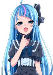 Rule 34 | 1girl, absurdres, ahoge, black bow, black dress, blue eyes, blue hair, bow, commentary request, corruption, cure sky, dark persona, dress, earrings, gothic lolita, hair bow, highres, hirogaru sky! precure, jewelry, lolita fashion, long hair, looking at viewer, multicolored hair, open mouth, piercing, pink hair, precure, puffy short sleeves, puffy sleeves, s-operator, short sleeves, simple background, solo, sora harewataru, streaked hair, tongue, tongue out, tongue piercing, two-tone hair, upper body, white background