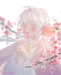 Rule 34 | 1girl, ahoge, blurry, blurry background, blurry foreground, cherry blossoms, colored eyelashes, floating hair, flower, hair flower, hair ornament, highres, jewelry, looking to the side, necklace, own hands together, panni xing, petals, solo, twintails, white hair
