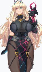 Rule 34 | 1girl, armor, bare shoulders, black dress, black gloves, blonde hair, breasts, brown pantyhose, chain, dress, earrings, elbow gloves, barghest (fate), barghest (second ascension) (fate), fate/grand order, fate (series), gauntlets, gloves, green eyes, heterochromia, highres, horns, jewelry, large breasts, long hair, looking at viewer, mitsuria (kanesho1102), necklace, pantyhose, pauldrons, pelvic curtain, red eyes, shoulder armor, sideboob, single gauntlet, single pauldron, smile, solo, thighs