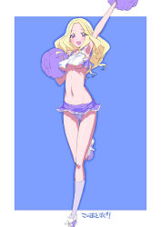 Rule 34 | 1girl, :d, arm up, armpits, blonde hair, breasts, cheerleader, commentary request, fuurin asumi, healin&#039; good precure, highres, long hair, looking at viewer, medium breasts, miyagoe yoshitsuki, navel, open mouth, panties, pom pom (cheerleading), precure, purple eyes, purple footwear, purple panties, purple skirt, shoes, skirt, smile, socks, solo, standing, standing on one leg, underboob, underwear