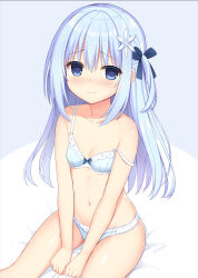 Rule 34 | 1girl, blue bra, blue eyes, blue hair, blue panties, blue ribbon, blush, bow, bra, breasts, cleavage, closed mouth, colored eyelashes, commentary, cowboy shot, double-parted bangs, eyes visible through hair, flower, frilled bra, frilled panties, frills, frown, hair between eyes, hair flower, hair ornament, hair ribbon, highres, hug, light blue hair, long hair, looking at viewer, navel, nose blush, off shoulder, one side up, original, panties, ribbon, shiny skin, simple background, sitting, small breasts, solo, stomach, sweatdrop, thighs, underwear, underwear only, utsunomiya tsumire, v arms, white background, white flower, yuki (utsumire)