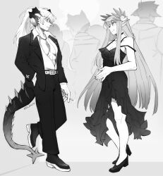 Rule 34 | 2girls, arknights, breasts, choker, cleavage, dlanon, dragon girl, dragon horns, dragon tail, dress, dress pants, dress shirt, feather necklace, full body, greyscale, horns, jacket, jewelry, laurels, looking at another, medium breasts, mole, mole under eye, monochrome, muelsyse (arknights), multiple girls, necklace, open clothes, open shirt, pointy ears, ponytail, saria (arknights), shirt, shoes, sideboob, standing, strap slip, suit jacket, tail